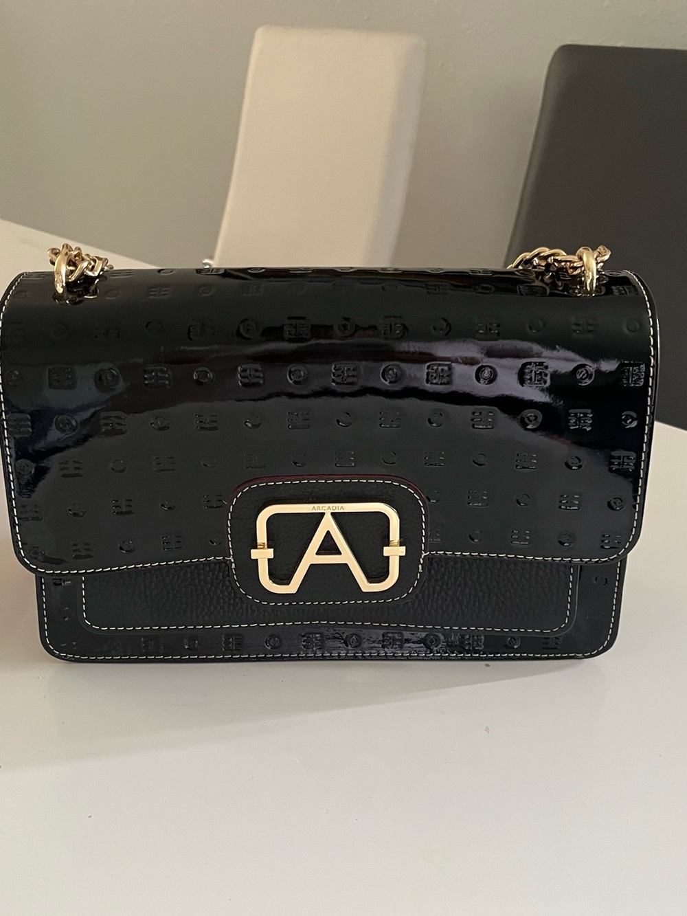 Arcadia Black Patent Leather Shoulder Bag with Gold Chain